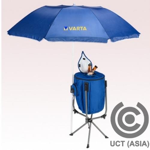 Branded umbrella stand with inbuilt cooler and speaker